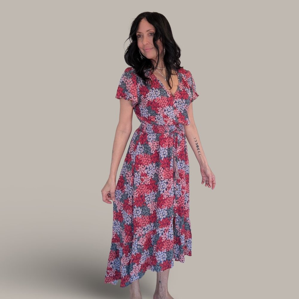 Knox Rose Red Floral Hi Low Short Sleeve Maxi Dress - Small
